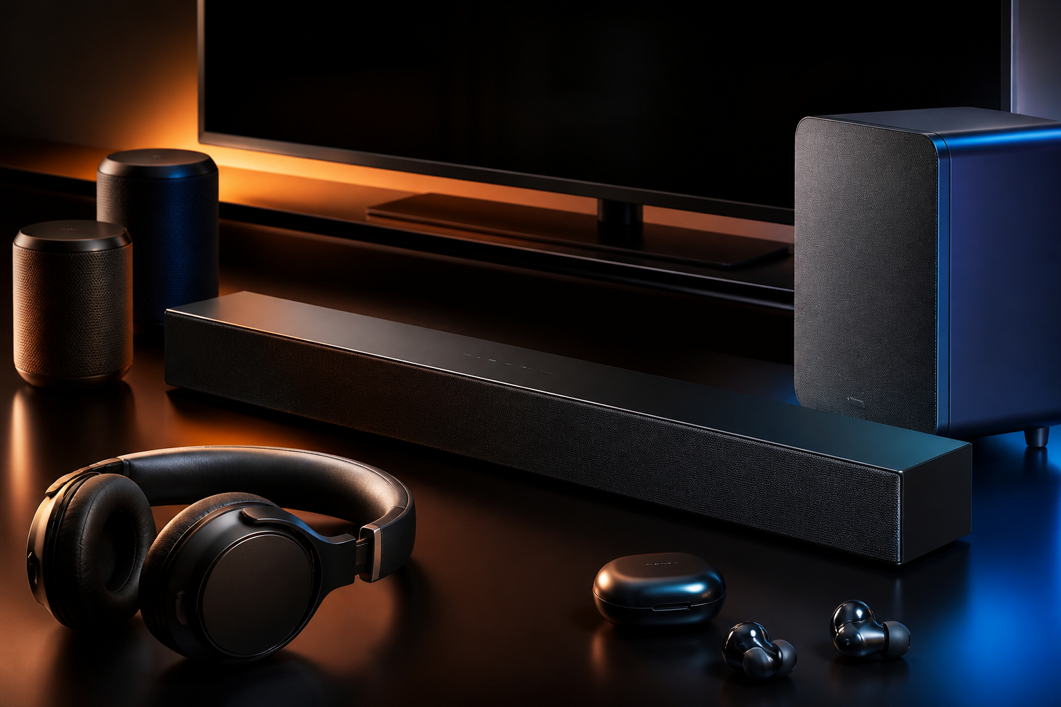 Audio entertainment products including a soundbar, headphones and Bluetooth speakers