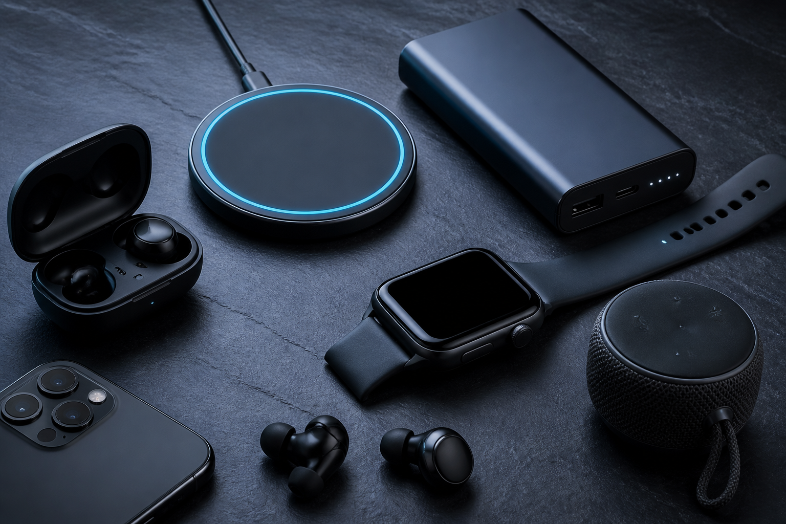 Assortment of modern consumer electronics and gadgets