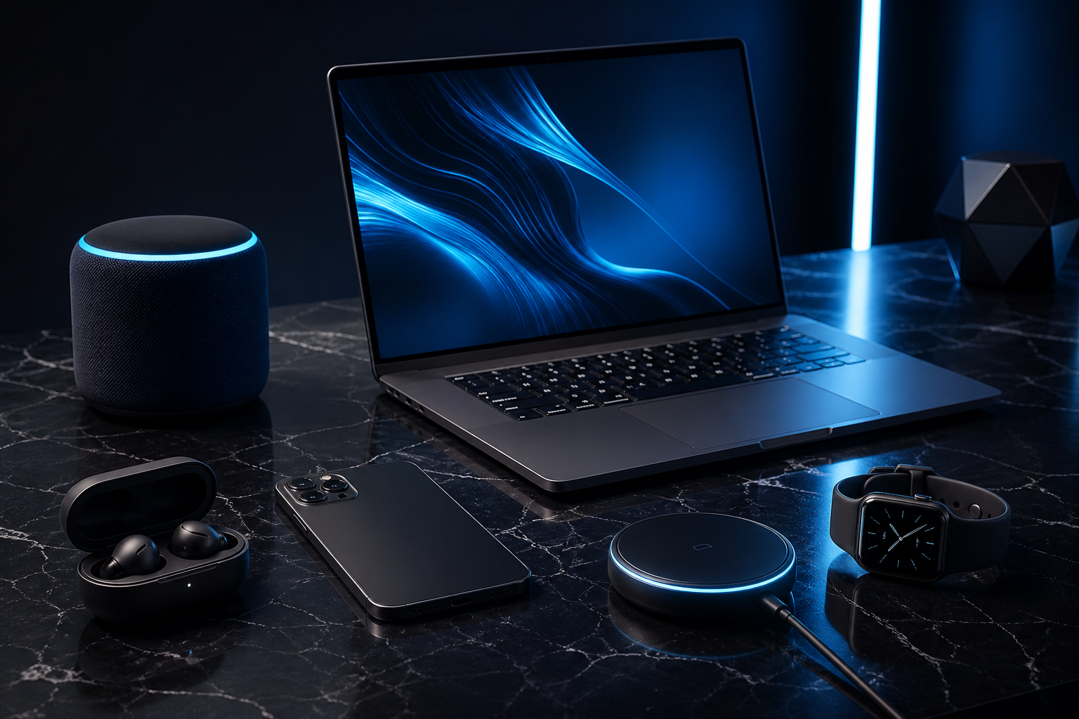 Premium consumer electronics and smart gadgets arranged on a modern studio desk
